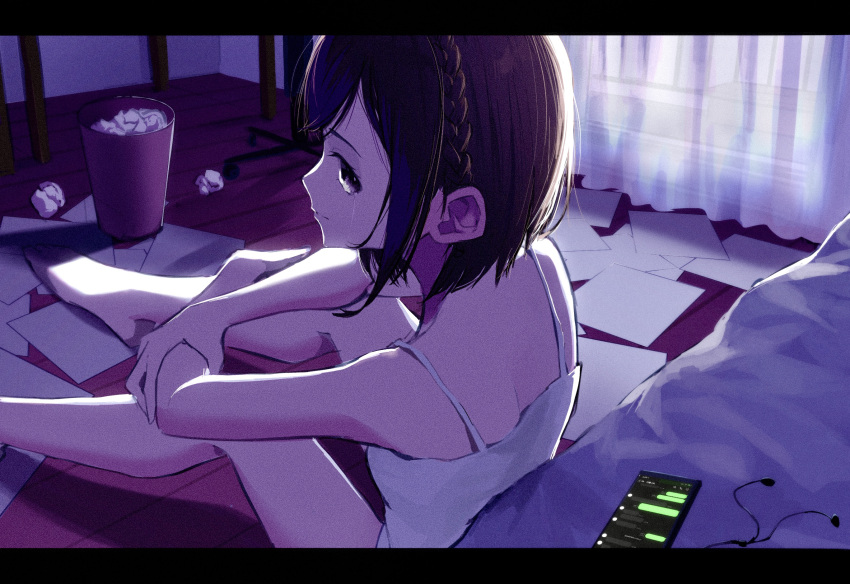 barefoot bed bedroom black_eyes black_hair braid breasts camisole cinema_(vocaloid) commentary curtains dark earphones female film_grain from_behind full_body highres indoors knees_up letterboxed looking_at_viewer looking_back paper phone project_sekai sad shinonome_ena short_hair sidelocks sitting small_breasts spaghetti_strap tears tenda_(tendarugby) tissue trash_can used_tissue white_camisole