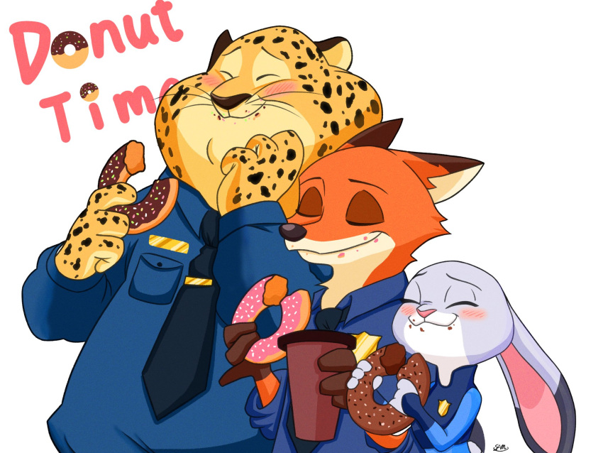 4:3 anthro benjamin_clawhauser blush canid canine cheetah closed_eyes clothed clothing container countershading cup dessert dipstick_ears disney doughnut ear_markings ears_down eating english_text felid feline female food fox fur grey_body grey_fur group hi_res holding_container holding_cup holding_food holding_object judy_hopps lagomorph leporid male mammal markings multicolored_ears necktie nick_wilde orange_body orange_fur pastry pivoted_ears police police_officer_eating_donut police_uniform rabbit red_fox samumu1129 shirt signature simple_background size_difference smile spots spotted_body spotted_fur text topwear trio true_fox uniform white_background yellow_body yellow_fur zootopia