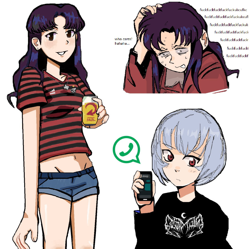 2girls ayanami_rei black_shirt black_sweater blue_shorts crop_top english_text hair_behind_ear hand_on_own_head highres holding holding_phone katsuragi_misato logi_(lgdkn) looking_down multiple_girls multiple_views navel neon_genesis_evangelion nervous_sweating parted_bangs phone profanity purple_hair red_eyes red_shirt shirt short_shorts shorts smile striped_clothes striped_shirt sweat sweater