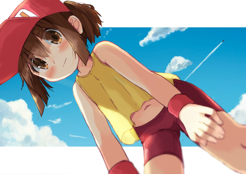 absurdres bakusou_kyoudai_let's_&_go!! baseball_cap bike_shorts blush brown_eyes brown_hair cloud female hands_on_own_thighs hat highres leaning_forward manabe_mana midriff navel outdoors ponytail red_hat red_shorts sagami_jun shirt short_hair shorts sky sleeveless sleeveless_shirt solo thighs wristband yellow_shirt