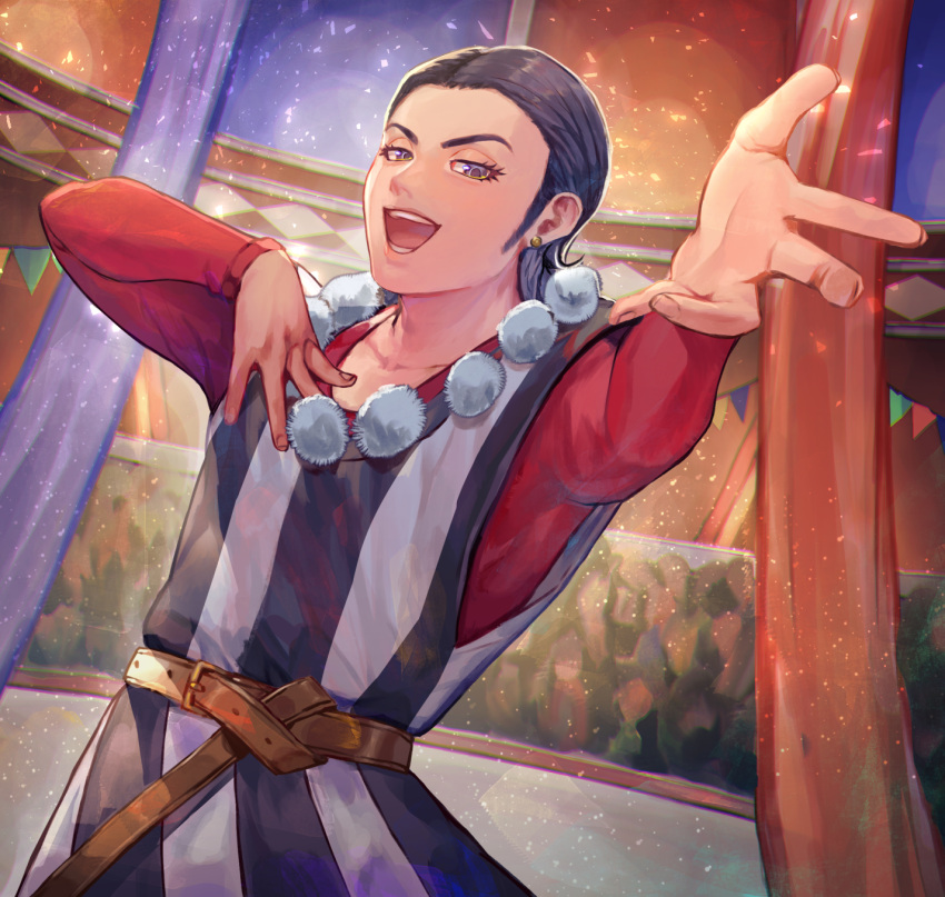 1boy bad_id bad_pixiv_id belt black_hair commentary_request dragon_quest dragon_quest_xi earrings grey_eyes highres indoors jewelry long_hair long_sleeves looking_at_viewer male_focus open_mouth outstretched_hand penguu_(green528) shirt sideburns solo sylvia_(dq11) tunic