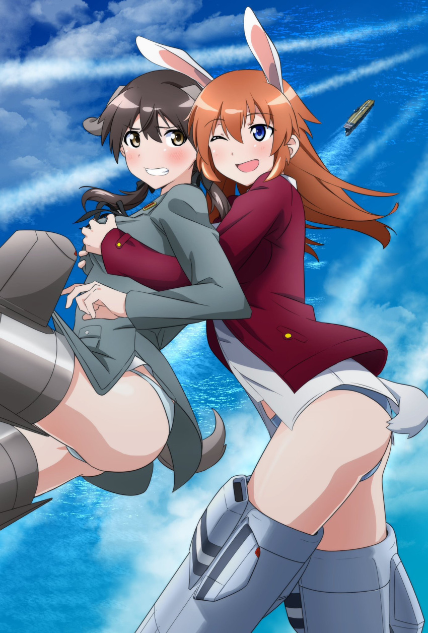 2girls aircraft_carrier animal_ears bad_id bad_pixiv_id blue_eyes blush breasts brown_eyes brown_hair charlotte_e._yeager clenched_teeth cloud contrail dog_ears dog_girl dog_tail flying gertrud_barkhorn grabbing grabbing_another's_breast hair_ornament hair_ribbon highres hug hug_from_behind jacket large_breasts medium_hair military military_uniform military_vehicle multiple_girls no_pants ocean oinari_(koheihei1109) one_eye_closed panties pocket rabbit_ears rabbit_girl rabbit_tail red_jacket ribbon shiny_skin ship sky strike_witches striker_unit tail teeth twintails underwear uniform warship watercraft white_panties world_witches_series yuri