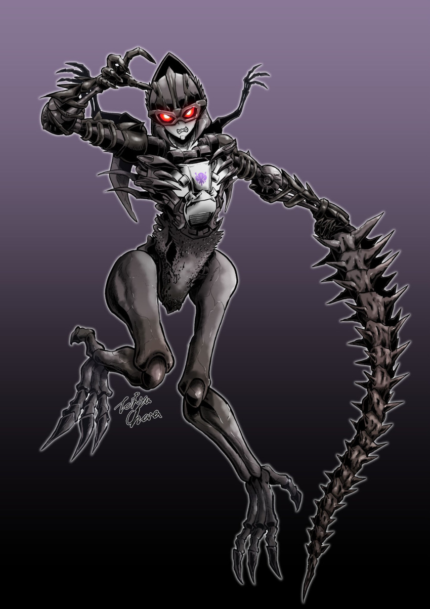 clenched_teeth dinosaur female fossil goggles highres holding holding_sword holding_weapon no_humans oohara_tetsuya pose predacon purple_background red_eyes sharp_teeth signature skeletal_arm skeletal_hand skeletal_tail spikes sword teeth thick_thighs thighs transformers transformers:_war_for_cybertron_trilogy vertebreak weapon