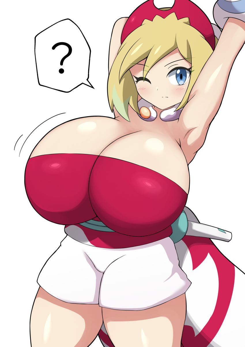 alternate_breast_size arm_wrap breasts female hairband highres huge_breasts irida_(pokemon) jaga334 jewelry neck_ring oppai_loli pokemon pokemon_legends:_arceus red_hairband red_shirt shirt shorts simple_background solo strapless strapless_shirt thick_thighs thighs waist_cape white_background white_shorts