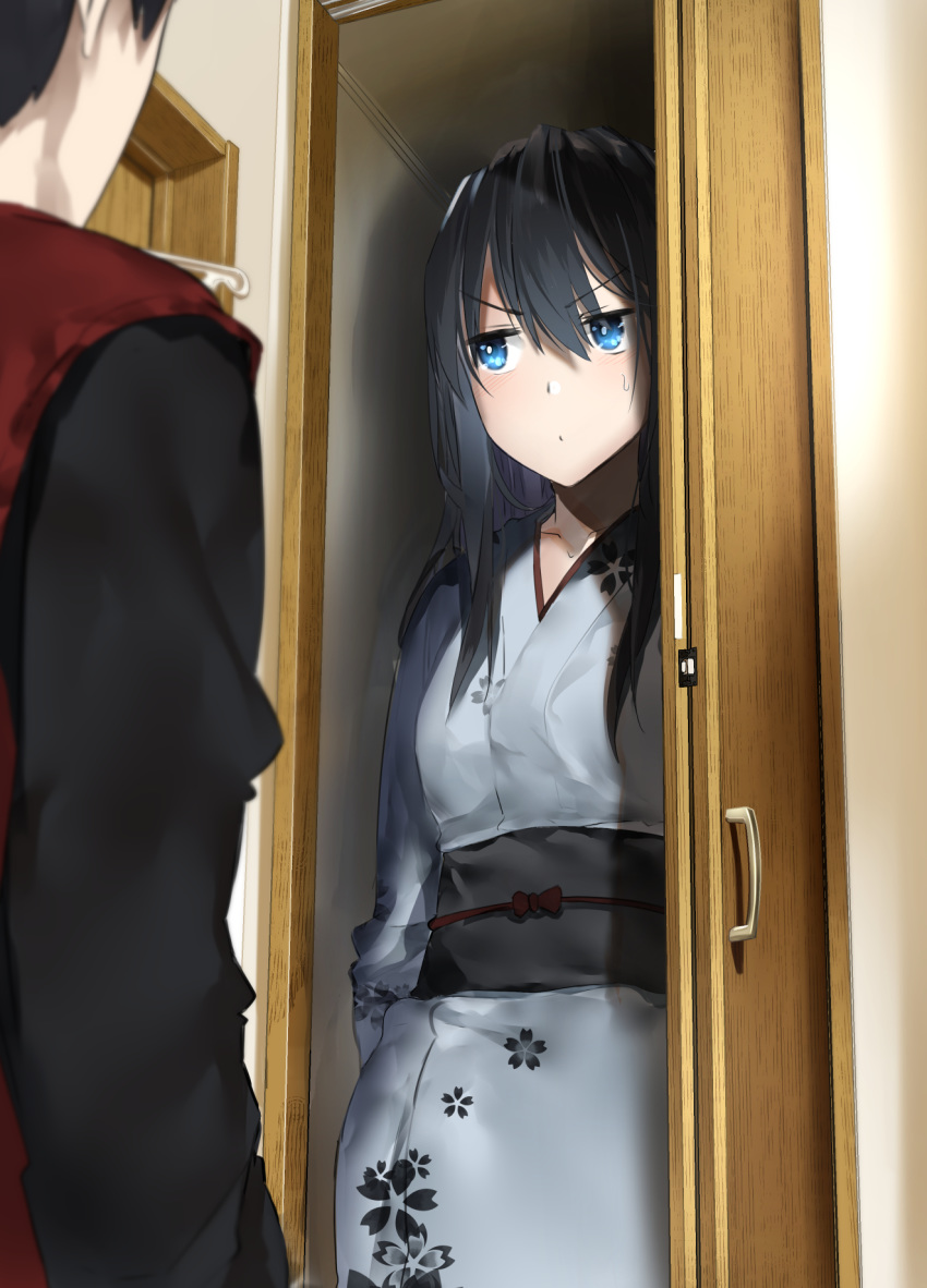 1boy araido_kagiri black_hair black_shirt blush closed_mouth closet commentary_request door doorway female floral_print hair_between_eyes highres indoors japanese_clothes kimono long_hair long_sleeves looking_to_the_side mr.monster_(araido_kagiri) obi original pout red_vest sash shirt short_hair standing sweatdrop vest yuki_onna yuki_onna_(araido_kagiri)