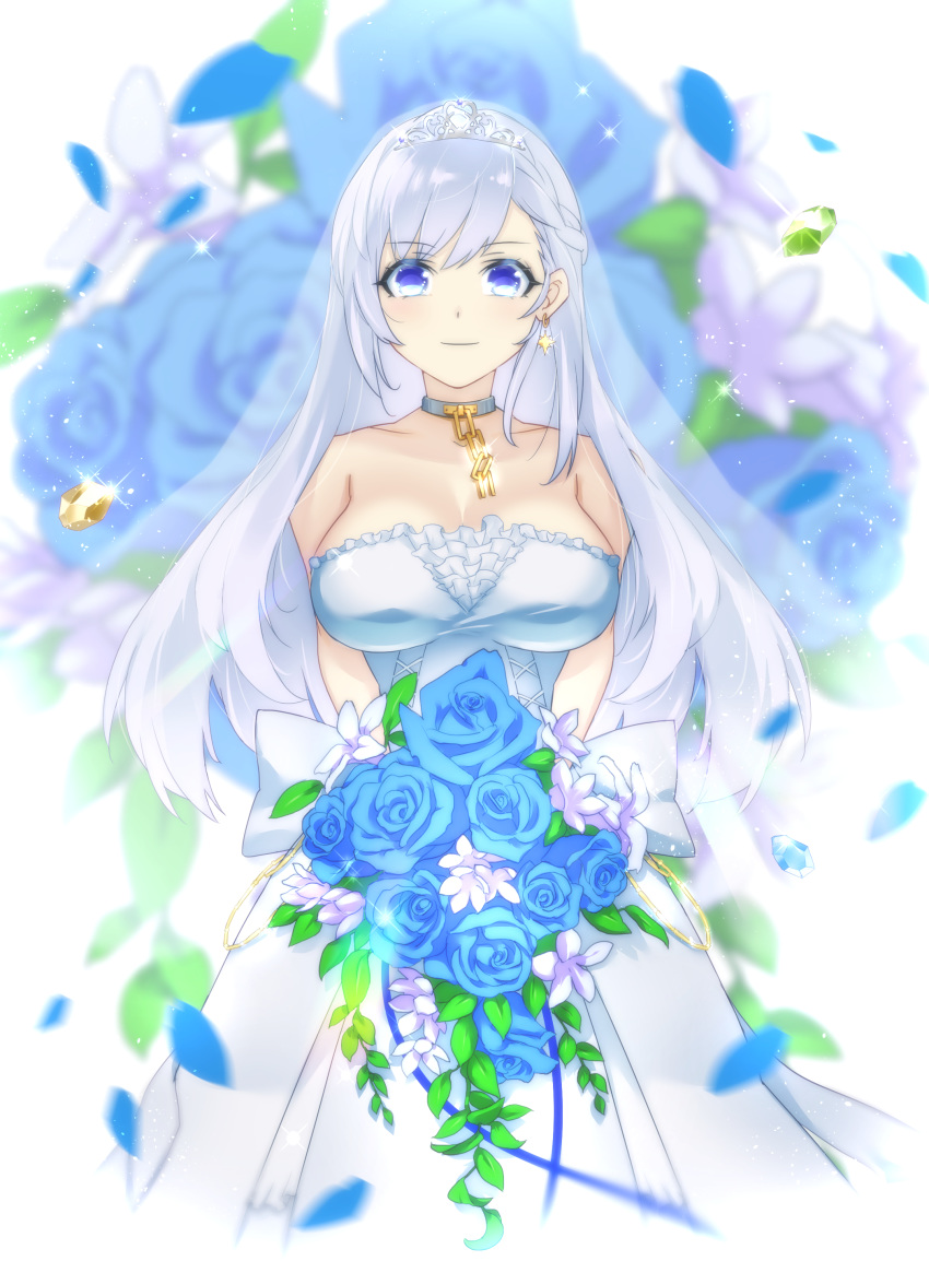 absurdres azur_lane bare_shoulders belfast_(azur_lane) belfast_(the_pledge_of_claddagh)_(azur_lane) blue_eyes blue_flower blue_rose bouquet braid breasts bridal_veil bride chains cleavage collarbone commentary dress earrings female flower french_braid gold_chain highres holding holding_bouquet jewelry large_breasts long_hair mogu_(kuromezennkainopokke) official_alternate_costume rose silver_collar solo strapless strapless_dress tiara veil wedding_dress white_dress white_hair