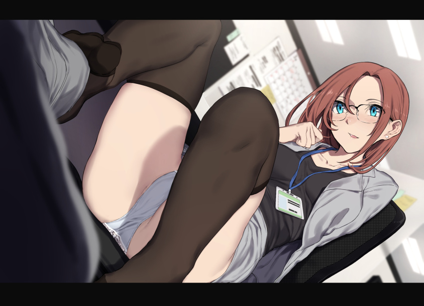 1boy black_legwear blue_eyes blurry blurry_background brown_hair brown_hair_girl_(nagioka) commentary dutch_angle earrings female footjob_over_clothes glasses highres id_card jewelry letterboxed nagioka office_lady original panties thighhighs underwear white_panties