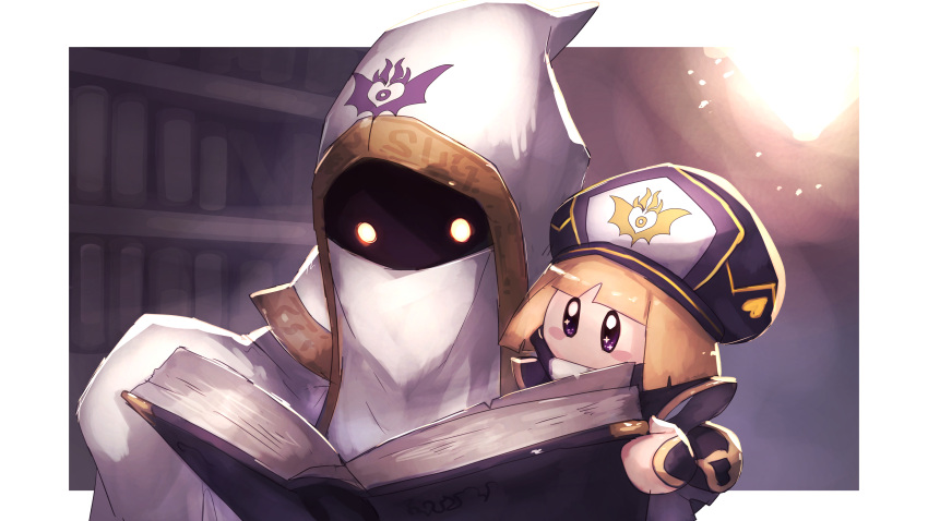 1boy absurdres black_hair black_headwear blonde_hair blunt_bangs blush book bookshelf border brown_eyes cloak commentary_request father_and_daughter female glowing glowing_eyes gold_trim height_difference highres hood hooded_cloak hyness indoors kirby:_star_allies kirby_(series) library looking_at_another pages reading shiburingaru short_hair sleeves_past_fingers sleeves_past_wrists white_border white_hood yellow_eyes zan_partizanne