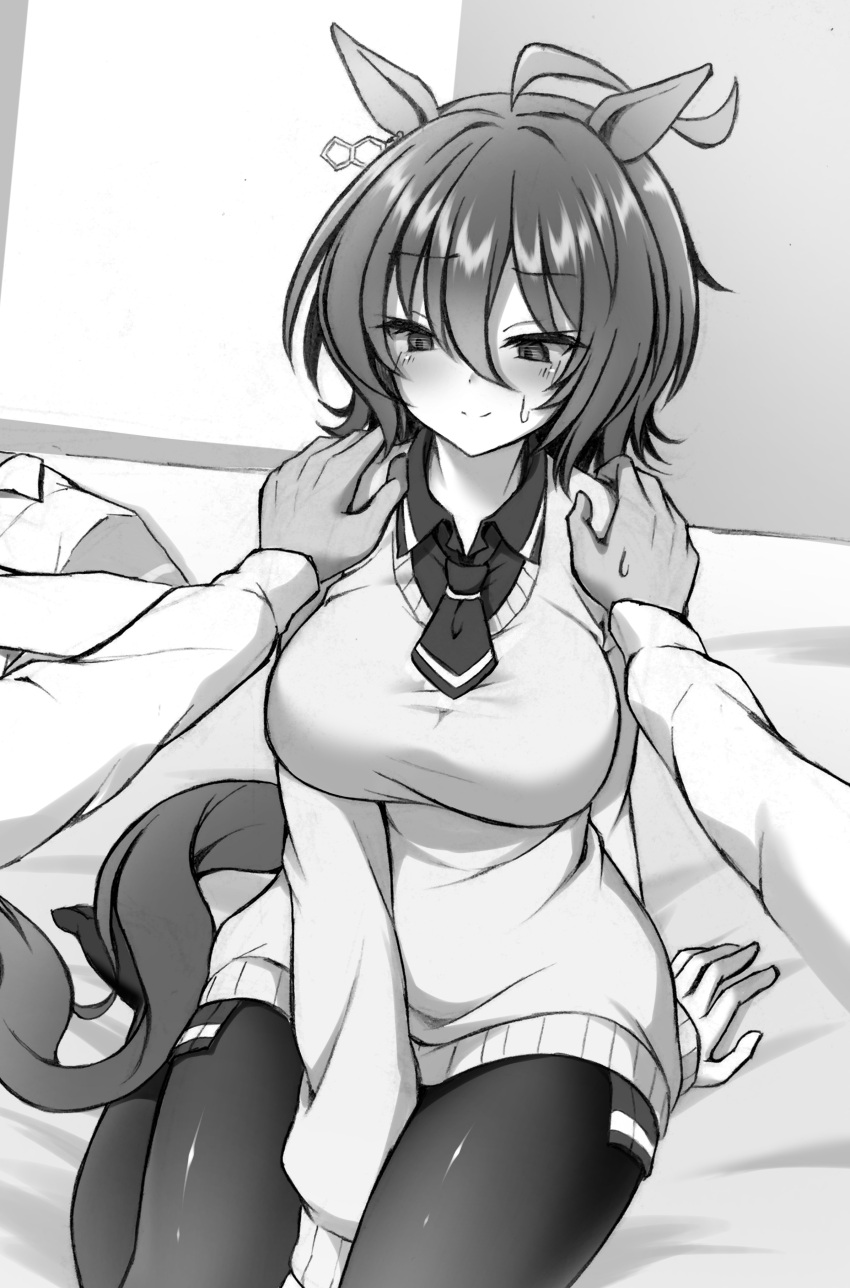 1boy absurdres agnes_tachyon_(umamusume) ahoge animal_ears bad_id bad_pixiv_id blush breasts commentary_request earrings female greyscale hair_between_eyes hands_on_another's_shoulders highres horse_ears horse_girl horse_tail jewelry large_breasts looking_at_viewer monochrome necktie nonexistent_memories_(jujutsu_kaisen) on_bed out_of_frame pantyhose pov pov_hands ryochapu short_hair short_necktie single_earring sitting smile solo_focus straight sweatdrop sweater tail umamusume