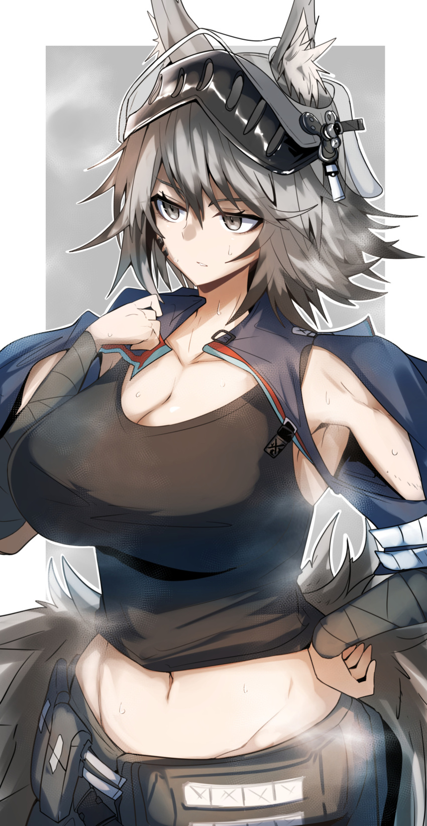 absurdres animal_ears arknights armpits ashlock_(arknights) ashlock_(elite_ii)_(arknights) breasts cleavage female gin_moku grey_eyes grey_hair hand_on_own_hip helmet highres large_breasts material_growth midriff navel oripathy_lesion_(arknights) squirrel_ears steaming_body stomach sweat tank_top visor_(armor)