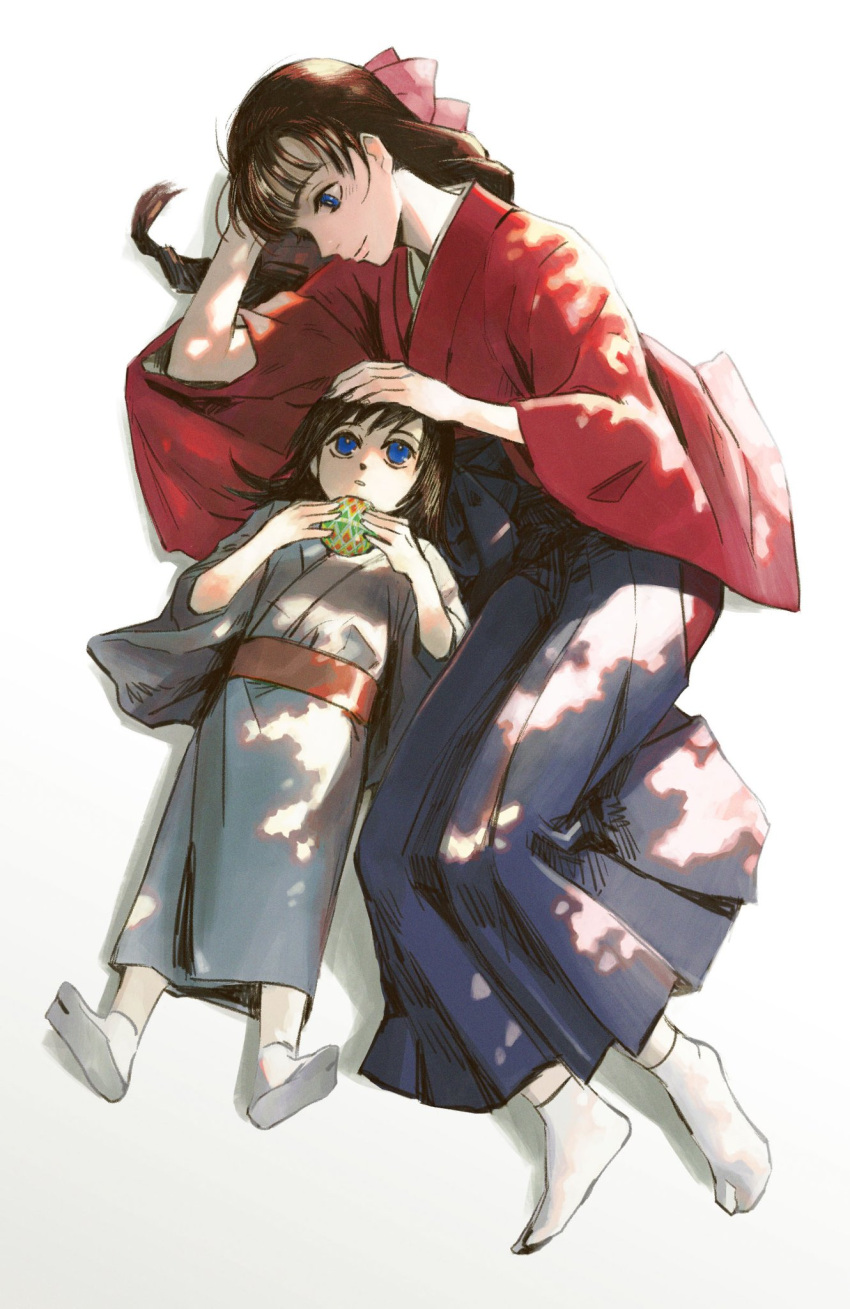 1boy arm_pillow ball blue_eyes blue_hakama blue_kimono braid braided_ponytail brother_and_sister brown_hair dappled_sunlight egyuuu female full_body hair_ribbon hakama hand_on_another's_head hands_up headpat highres holding holding_toy japanese_clothes kimetsu_no_yaiba kimono korean_commentary lolicon long_hair looking_at_another looking_away lying no_shoes on_back on_side pink_ribbon profile ribbon siblings simple_background single_braid smile soles sunlight tabi temari_ball tomioka_giyuu tomioka_tsutako toy white_background white_legwear