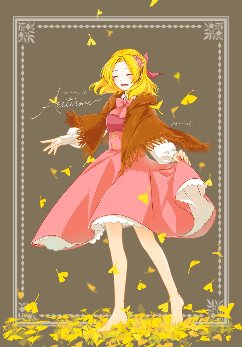 autumn_leaves barefoot blonde_hair border bow bowtie closed_eyes collared_dress commentary cursive dated dress english_text facing_viewer female flower fringe_trim grey_background hair_flower hair_ornament hairbow highres ho_ji_chan47 hood hood_down long_sleeves maria_campbell medium_dress open_mouth otome_game_no_hametsu_flag_shika_nai_akuyaku_reijou_ni_tensei_shite_shimatta outside_border parted_bangs pink_bow pink_bowtie pink_dress shawl short_hair skirt_hold smile solo standing twitter_username