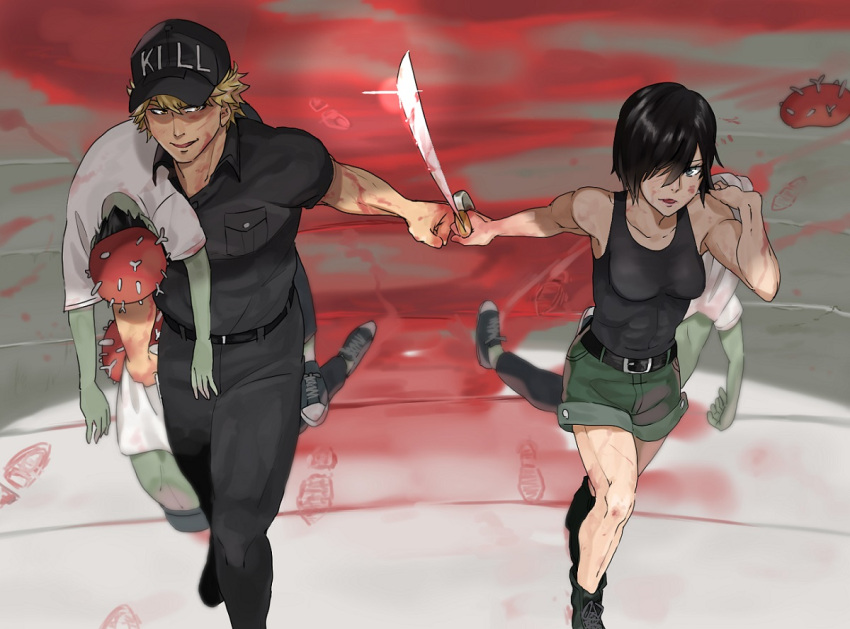 1boy abs after_battle armpits bare_shoulders baseball_cap belt belt_buckle black_belt black_footwear black_hair black_headwear black_pants black_shirt black_tank_top blonde_hair blood blood_on_body blood_on_clothes blood_on_face bloody_footprints boots breasts buckle carrying_over_shoulder clothes_writing colored_skin commentary covered_abs doesfan dragging dress_shirt female fist_bump footprints from_above full_body green_shorts green_skin grey_eyes hair_between_eyes hair_over_one_eye hat hataraku_saibou holding holding_sword holding_weapon influenza influenza_virus_(hataraku_saibou) killer_t_(hataraku_saibou) lips long_bangs medium_breasts muscular muscular_female muscular_male nk_cell_(hataraku_saibou) pants parted_lips red_headwear running scimitar shirt shoes short_hair short_shorts short_sleeves shorts side-by-side sleeveless sneakers spiked_hair swept_bangs sword t-shirt tank_top uniform unworn_hat unworn_headwear virus weapon white_shirt yellow_eyes zombie