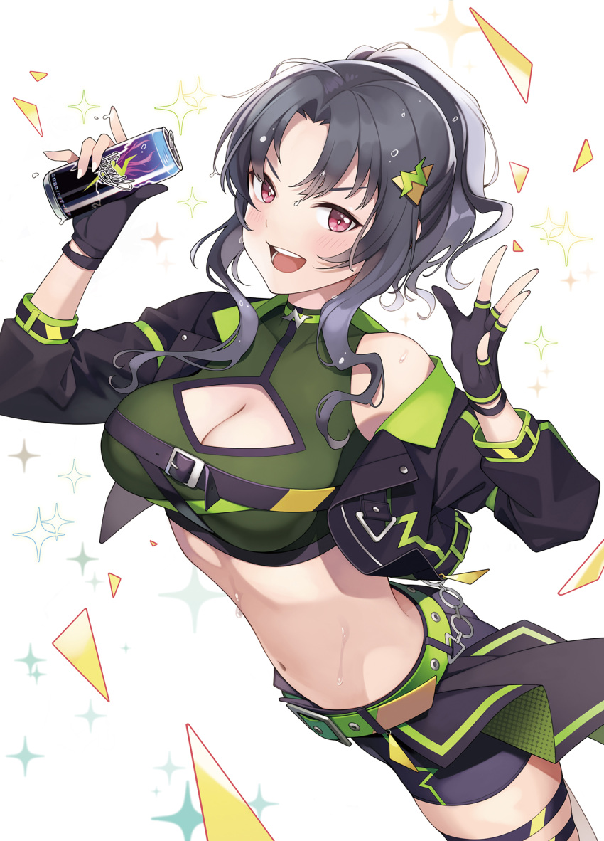 black_gloves black_hair breasts can cleavage cleavage_cutout clothing_cutout cowboy_shot female fingerless_gloves gloves highres holding holding_can idolmaster idolmaster_million_live! idolmaster_million_live!_theater_days long_hair looking_at_viewer machi_(machi333) medium_breasts midriff official_alternate_hairstyle ponytail red_eyes solo takayama_sayoko