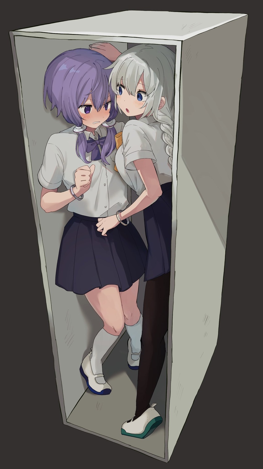 2girls black_background black_skirt blue_eyes blush bracelet breasts collared_shirt commentary embarrassed grey_hair highres in_locker jewelry kizuna_akari locker medium_breasts multiple_girls purple_eyes purple_hair sahata_saba school_uniform shirt short_sleeves simple_background skirt tiptoes vocaloid voiceroid white_shirt yuzuki_yukari