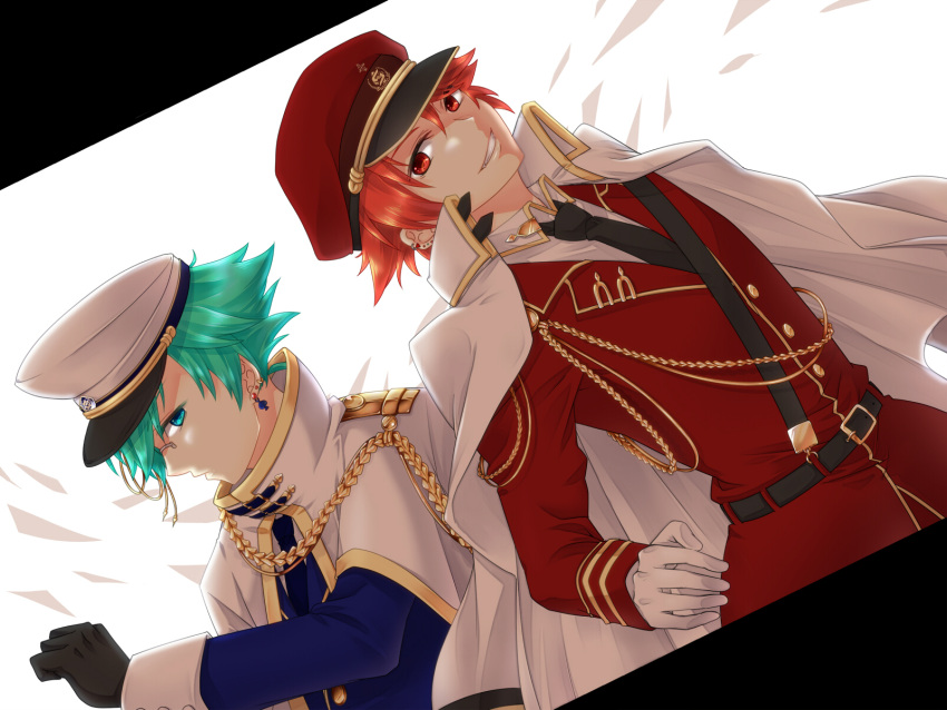 2boys aqua_hair coat coat_on_shoulders earrings hat highres jewelry looking_at_viewer military military_coat military_hat military_uniform multiple_boys necktie nokkosu red_hair sideways_glance smile sound_voltex tsumabuki_left tsumabuki_right uniform