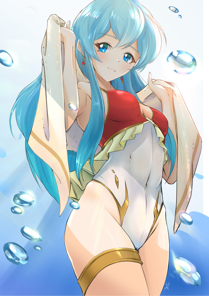 aqua_hair bad_id bad_pixiv_id blue_eyes closed_mouth commentary cosplay deekei earrings eirika_(fire_emblem) female fire_emblem fire_emblem:_the_sacred_stones fire_emblem_heroes highres jewelry long_hair one-piece_swimsuit simple_background solo swimsuit tana_(fire_emblem) tana_(fire_emblem)_(cosplay) tana_(summer)_(fire_emblem) tana_(summer)_(fire_emblem)_(cosplay) towel