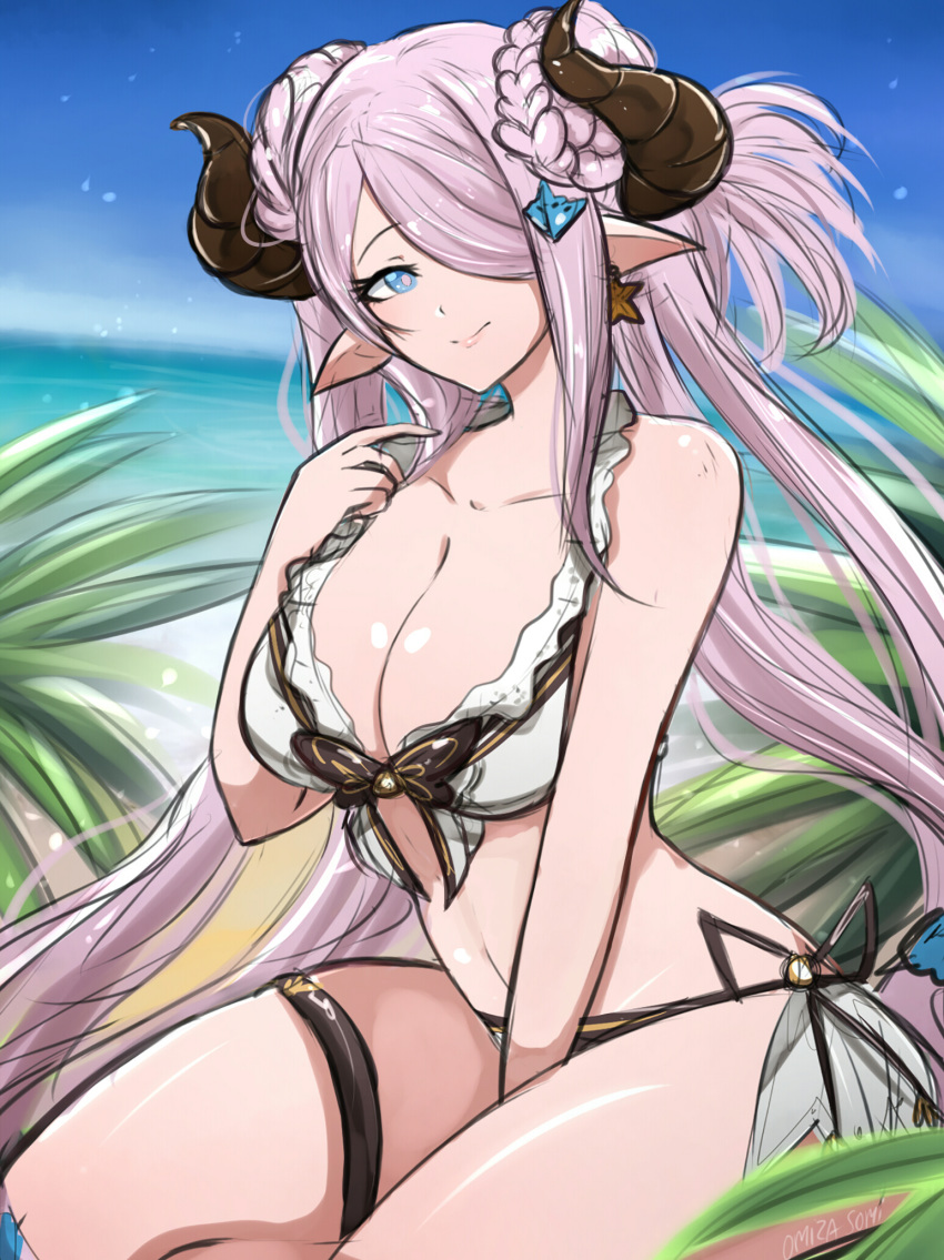 adjusting_hair arm_support artist_name beach between_legs bikini blue_eyes blue_sky bow bow_bikini braid breasts bright_pupils cleavage collarbone commentary day draph earrings feet_out_of_frame female frilled_bikini frills front-tie_bikini_top front-tie_top granblue_fantasy hair_ornament hair_over_one_eye hand_between_legs hand_up highres holding holding_own_hair horns jewelry large_breasts light_purple_hair long_hair looking_at_viewer low-tied_long_hair narmaya_(granblue_fantasy) narmaya_(summer)_(granblue_fantasy) navel ocean official_alternate_costume omiza_somi one_eye_covered outdoors pointy_ears sand seiza shiny_skin side-tie_bikini_bottom sidelocks signature single_earring sitting sky smile solo starfish_earrings striped_bikini striped_clothes swept_bangs swimsuit thigh_strap twin_braids very_long_hair white_bikini