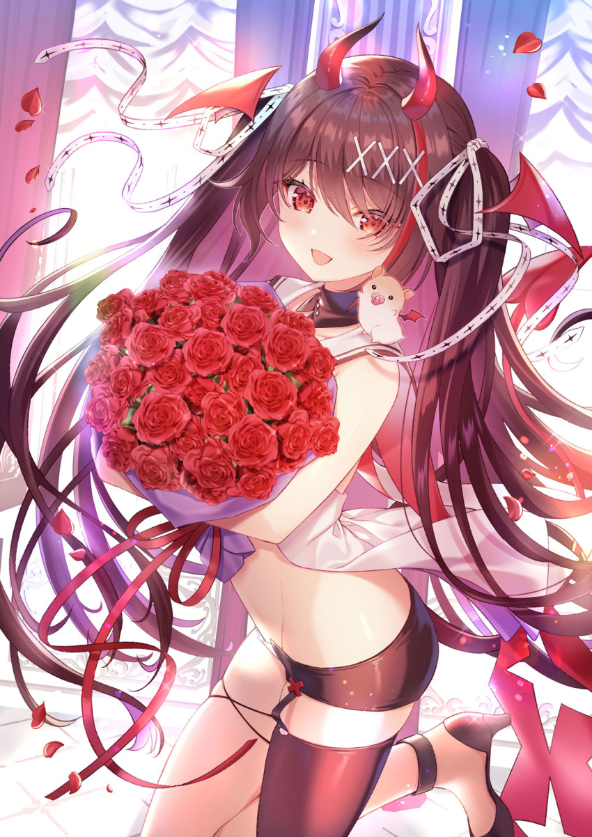 bare_shoulders black_gloves black_shorts black_thighhighs bouquet brown_hair center_opening collarbone commentary_request demon_girl demon_horns detached_collar eyes_visible_through_hair female floating_hair flower garter_straps gloves hair_ornament hair_ribbon hairclip happy_birthday head_wings high_heels highres horns long_hair looking_at_viewer midriff multicolored_hair noripro okanoyuno open_fly open_mouth ouma_kirara red_eyes red_flower red_rose revealing_clothes ribbon rose sailor_collar shirt shoes short_shorts shorts single_thighhigh sleeveless sleeveless_shirt solo standing standing_on_one_leg stomach thighhighs two_side_up virtual_youtuber white_shirt wings x_hair_ornament