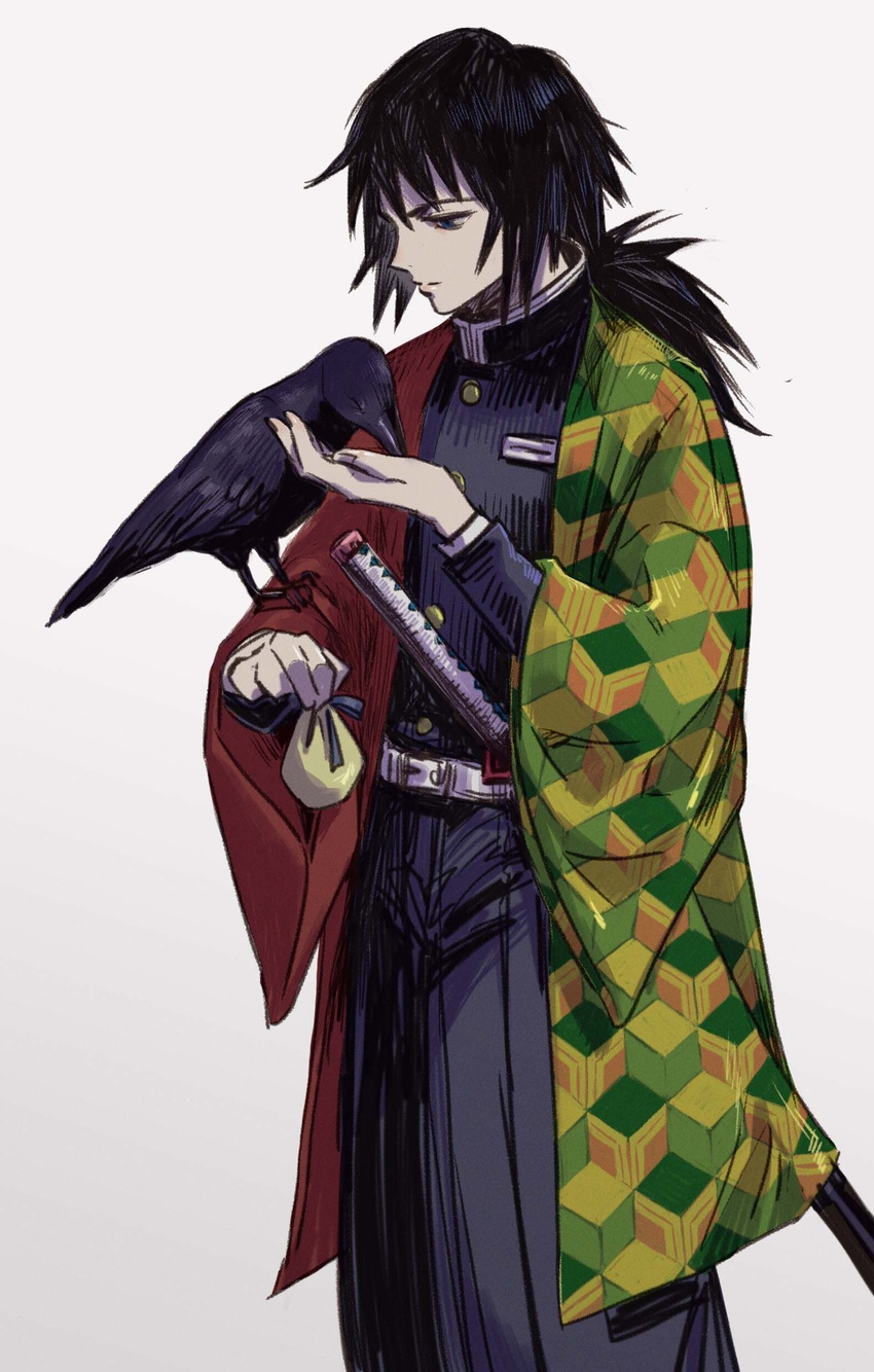 1boy absurdres animal animal_on_arm asymmetrical_clothes belt bird bird_on_arm black_hair black_jacket black_pants crow demon_slayer_uniform egyuuu feeding feet_out_of_frame hand_up highres holding jacket kanzaburou_(kimetsu_no_yaiba) katana kimetsu_no_yaiba korean_commentary long_hair long_sleeves looking_at_animal looking_away male_focus pants ponytail pouch simple_background sword tomioka_giyuu weapon white_background