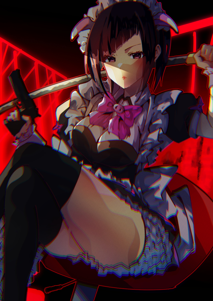 absurdres akiba_maid_sensou animal_ears asymmetrical_bangs black_dress black_hair black_thighhighs bow breasts chromatic_aberration crossed_legs cruzango0510 dress dual_wielding fake_animal_ears female frills gun highres holding holding_gun holding_sword holding_weapon katana looking_at_viewer maid maid_headdress mannen_ranko pig_ears pink_bow purple_eyes short_hair short_sleeves sitting solo sword thighhighs weapon