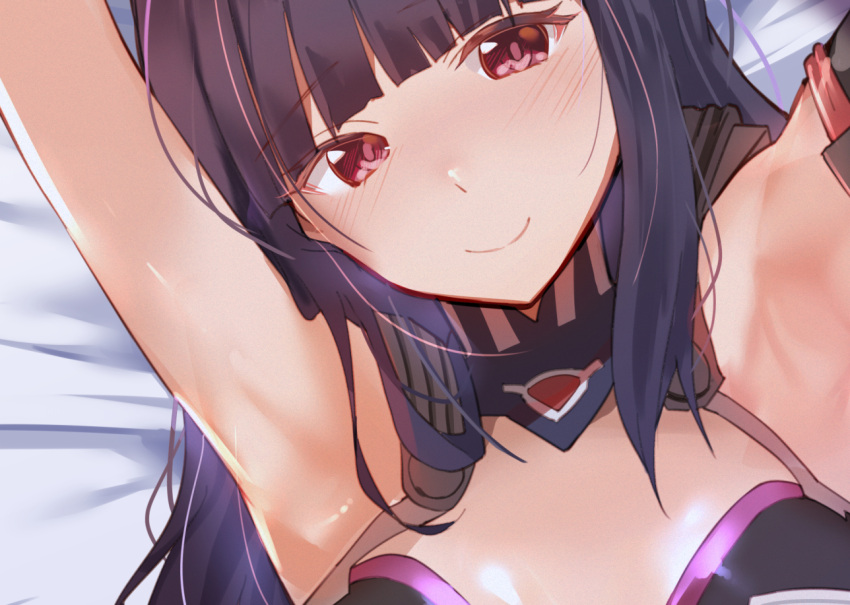 arito_arayuru armpits blunt_bangs blush commentary_request female hoshi_to_tsubasa_no_paradox long_hair looking_at_viewer portrait purple_hair red_eyes reika_(hoshi_to_tsubasa_no_paradox) sidelocks smile solo