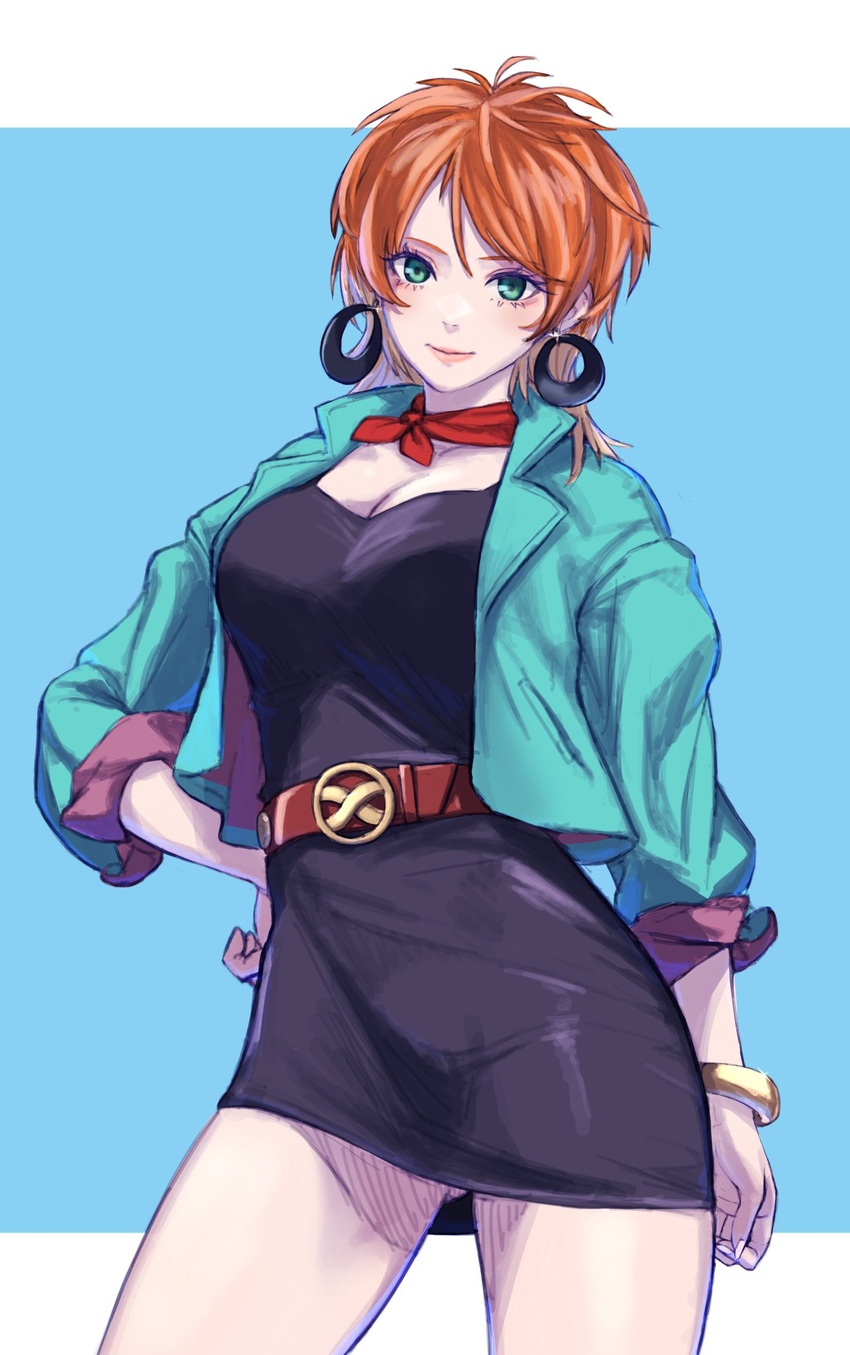 belt black_dress blue_background blue_jacket bracelet breasts brown_belt cleavage dorothy_moore dress earrings female gundam gundam_f91 head_tilt highres hoop_earrings jacket jewelry looking_at_viewer medium_breasts nori_(arara105) orange_hair short_hair smile solo