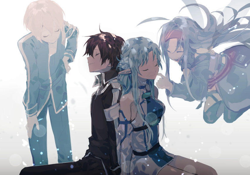 2boys 2girls ahoge antenna_hair asuna_(sao) asuna_(sao-alo) back-to-back black_clothes black_hair blonde_hair blue_dress blue_hair blue_jacket blue_pants braid breasts closed_eyes closed_mouth collar collared_jacket commentary detached_sleeves dress elf eugeo fairy floating_hair flying friends from_side gaaamtyyy hair_between_eyes hair_ornament hairband hand_on_own_hip highres husband_and_wife jacket kirito kirito_(sao-alo) long_hair long_sleeves medium_breasts multiple_boys multiple_girls open_mouth pants pointy_ears red_hairband remembering school_uniform short_dress short_hair sidelocks simple_background sitting smile standing sword_art_online sword_art_online:_alicization sword_mastery_academy_school_uniform teeth thighhighs transparent_wings white_background wings yuuki_(sao)