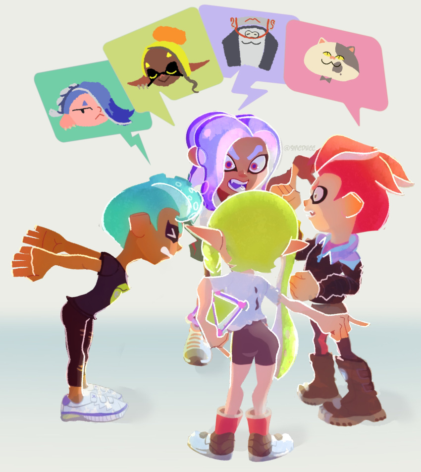 2boys 2girls absurdres aqua_hair arguing big_man_(splatoon) blonde_hair dark-skinned_female dark_skin fangs frye_(splatoon) full_body highres inkling inkling_boy inkling_girl inkling_player_character judd_(splatoon) multiple_boys multiple_girls octoling octoling_boy octoling_girl octoling_player_character open_mouth pants purple_hair red_hair shiver_(splatoon) shoes smcducc sneakers speech_bubble splatoon_(series) splatoon_3 standing tentacle_hair very_dark_skin