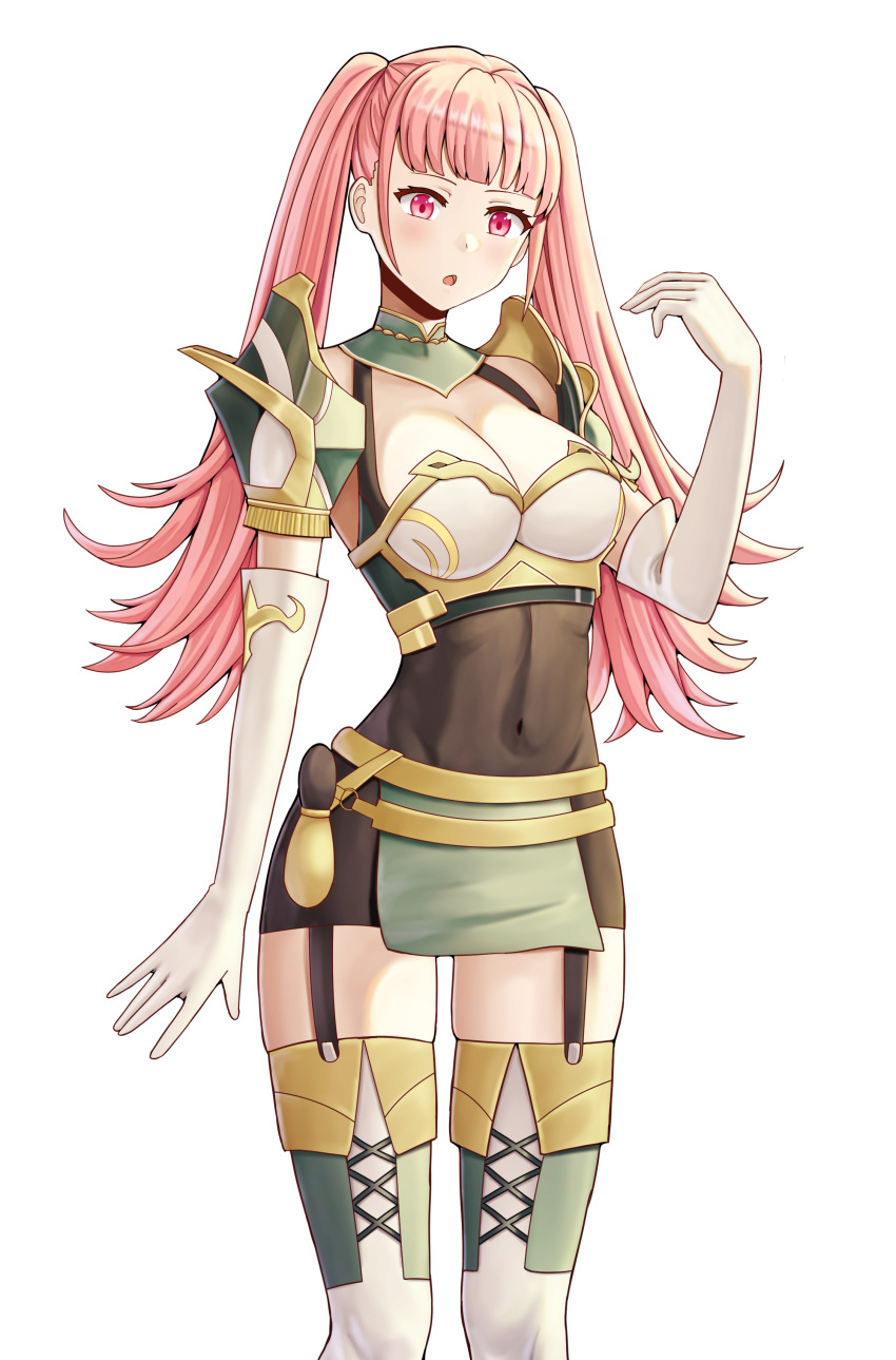 :o absurdres armor bare_shoulders breastplate breasts chloe_(fire_emblem) chloe_(fire_emblem)_(cosplay) cleavage commission cosplay covered_navel elbow_gloves female fire_emblem fire_emblem:_three_houses fire_emblem_engage garter_straps gloves highres hilda_valentine_goneril large_breasts long_hair pegasus_knight_uniform_(fire_emblem) pink_eyes pink_hair saikunartworks shoulder_armor simple_background skin_tight twintails white_background white_gloves zettai_ryouiki