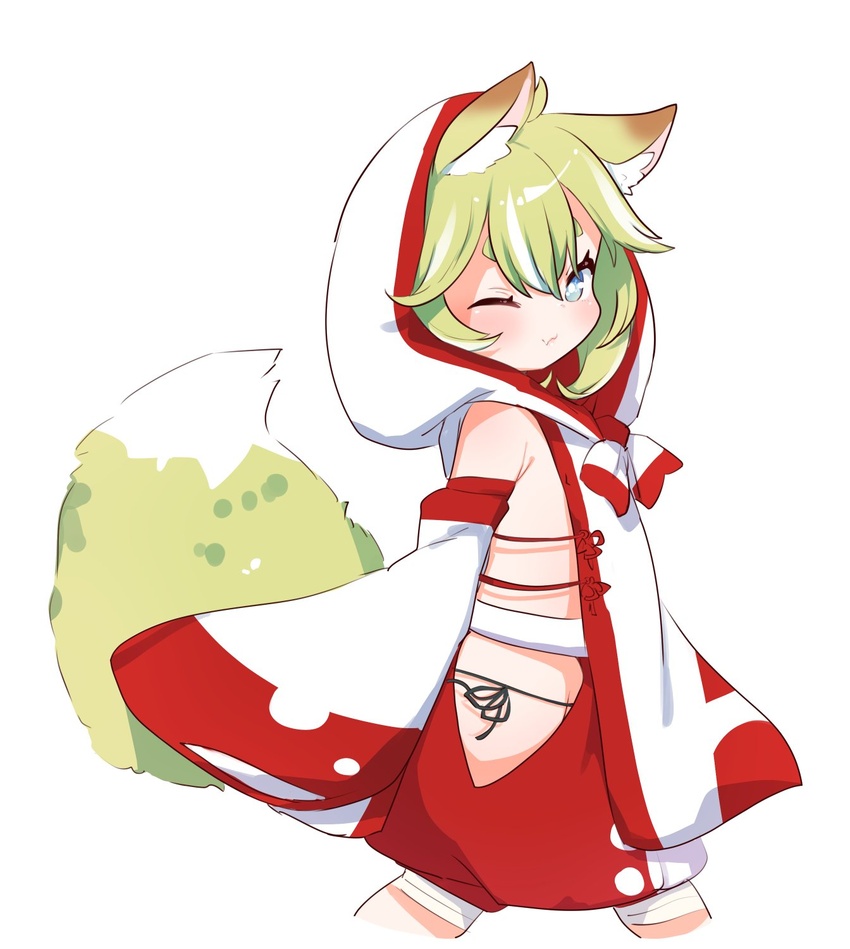 ;) ahoge animal_ear_fluff animal_ears babalilo babalilo_(babalilo) bad_id bad_twitter_id blue_eyes closed_mouth cropped_legs fang_out female from_side green_hair hair_between_eyes highres hood hood_up inactive_account long_sleeves looking_at_viewer looking_to_the_side multicolored_hair oerba_yun_fang one_eye_closed original puffy_short_sleeves puffy_sleeves red_shorts short_shorts short_sleeves shorts simple_background sleeves_past_fingers sleeves_past_wrists smile solo streaked_hair tail white_background white_hair