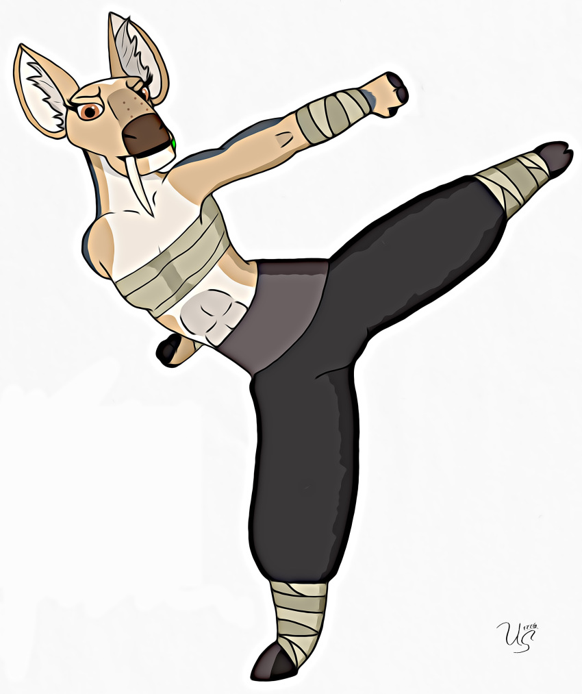 abs absurd_res anthro avoid_posting bottomwear chest_wraps clothed clothing deer dreamworks female fighting_pose hi_res jade_tusk kung_fu_panda mammal muscular muscular_female pants partially_clothed pose puttees solo training unclesam1776 water_deer wraps wrist_wraps