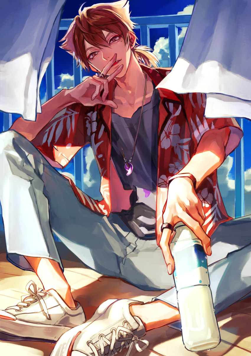 1boy backlighting balcony black_shirt blue_sky bottle bracelet brown_eyes brown_hair cloud curtains day denim earrings eyelashes eyeshadow fushimi_gaku fushimi_gaku_(2nd_costume) hawaiian_shirt highres jeans jewelry layered_shirt looking_at_viewer looking_down madota_yuki magatama makeup male_focus mole mole_under_eye necklace nijisanji oerba_yun_fang outdoors pants ponytail railing refraction ring shirt shoes sitting sky sneakers solo spiked_hair t-shirt virtual_youtuber water water_drop wind wood