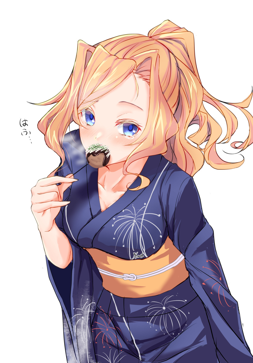 blue_eyes blush breasts collarbone cowboy_shot eating female fireworks_print food highres honolulu_(kancolle) japanese_clothes kantai_collection kimono large_breasts long_hair looking_at_viewer nagisa_nagi official_alternate_costume official_alternate_hairstyle orange_hair ponytail print_kimono takoyaki tears white_background yukata