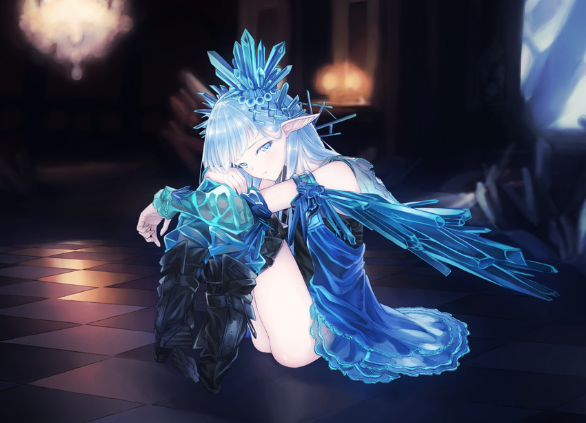 armlet bare_shoulders black_footwear blue_eyes blue_hair blunt_bangs blurry blush boots checkered_floor commentary_request crystal depth_of_field detached_sleeves erin_(granblue_fantasy) female full_body granblue_fantasy hair_ornament head_rest highres knees_up lantern long_hair looking_at_viewer on_floor pale_skin pigeon-toed pointy_ears see-through sitting solo wakaba_(945599620)