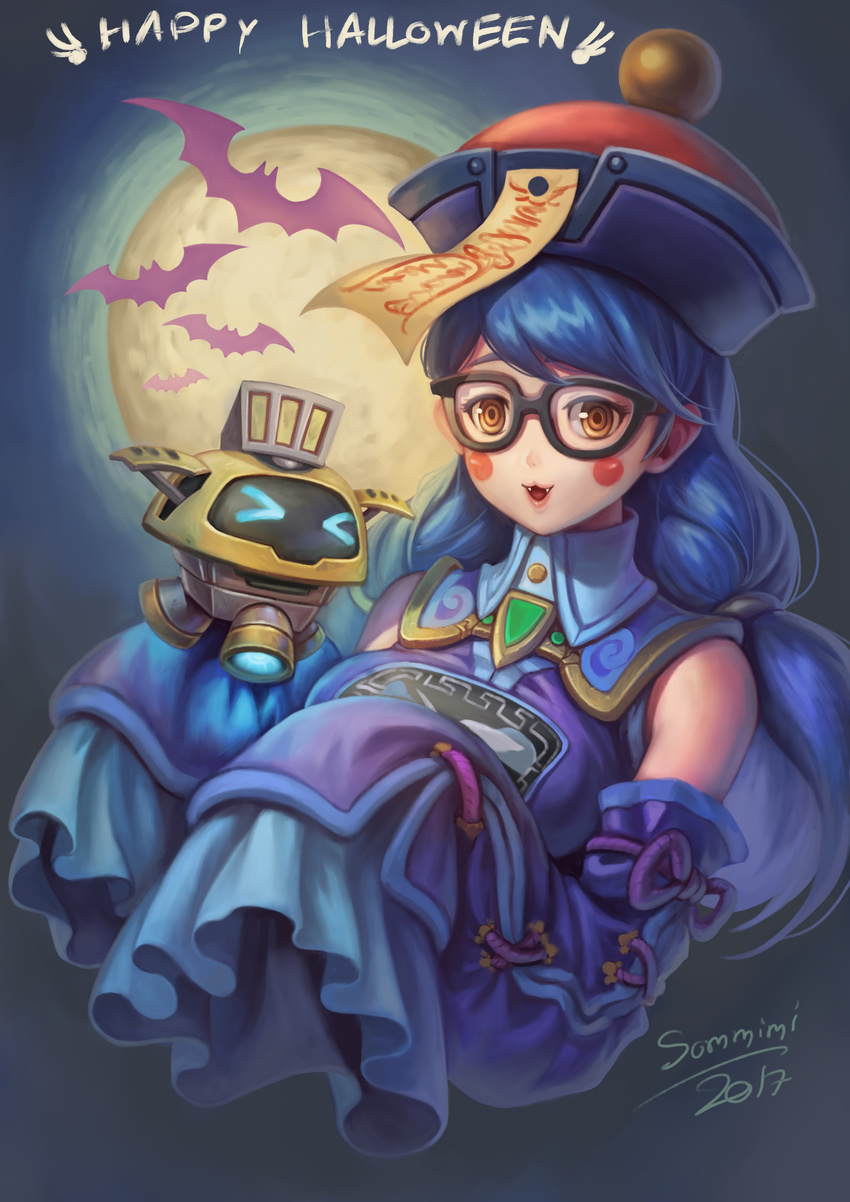 >_< absurdres alternate_hair_length alternate_hairstyle black-framed_eyewear blue_hair blush_stickers chinese_clothes commentary detached_sleeves drone fangs female full_moon glasses happy_halloween hat highres jiangshi jiangshi_mei long_hair low_twintails mei_(overwatch) moon official_alternate_costume ofuda outstretched_arms overwatch overwatch_1 qingdai_guanmao sleeves_past_wrists snowball_(overwatch) solo sommimi twintails yellow_eyes zombie_pose