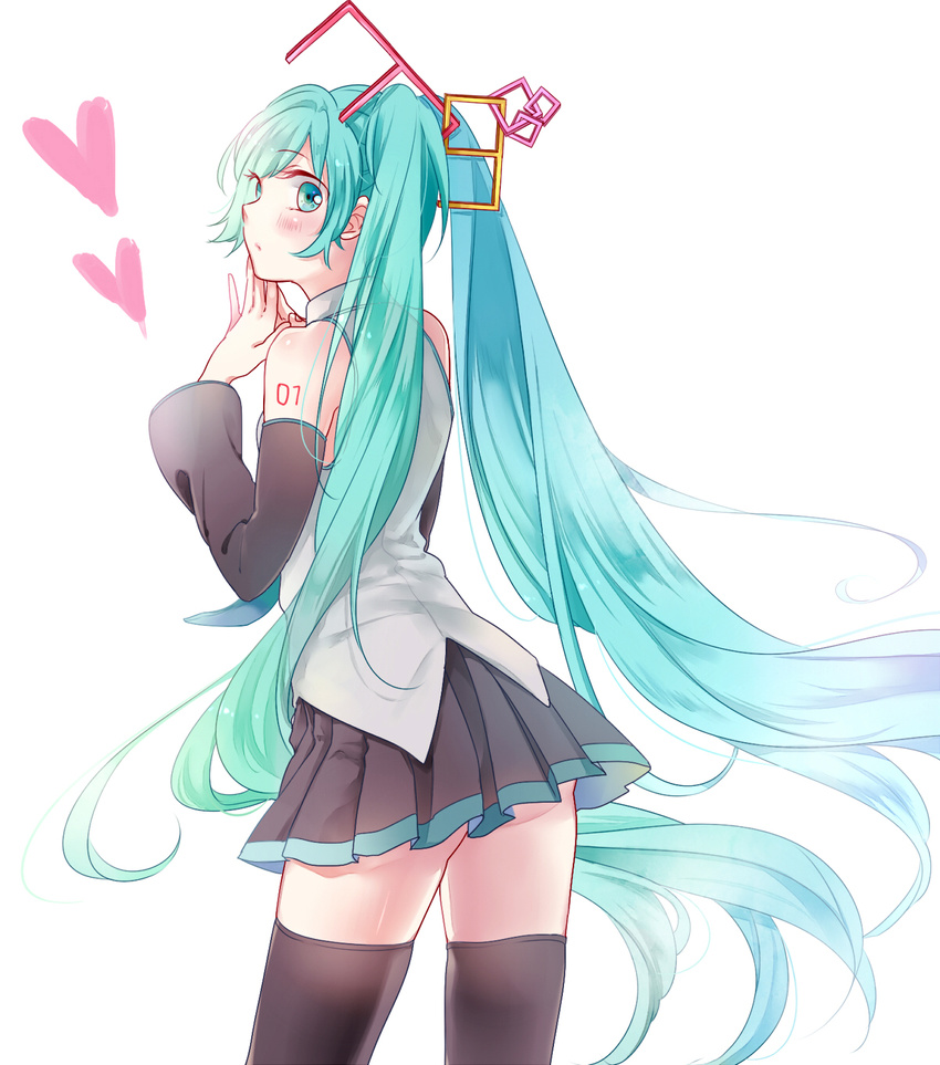 absurdly_long_hair aqua_eyes aqua_hair ass black_thighhighs blush commentary_request detached_sleeves female hatsune_miku heart highres long_hair looking_at_viewer looking_back miniskirt photoshop_(medium) sakikko skirt solo steepled_fingers thighhighs thighs very_long_hair vocaloid white_background