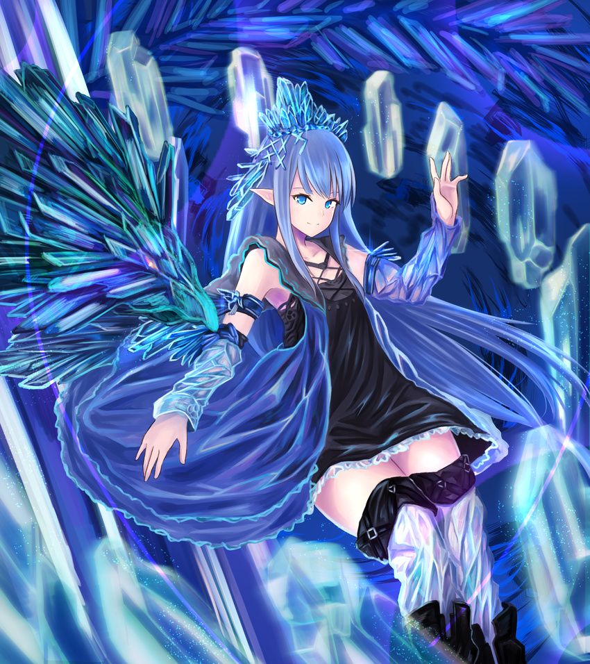 animal armlet bare_shoulders bird black_dress blue_eyes blue_hair closed_mouth collarbone commentary_request crystal detached_sleeves dress erin_(granblue_fantasy) female flat_chest granblue_fantasy hair_ornament highres kuwahara_taiki long_hair long_sleeves looking_at_viewer oversized_animal pointy_ears short_dress sleeveless sleeveless_dress smile solo thighhighs zettai_ryouiki