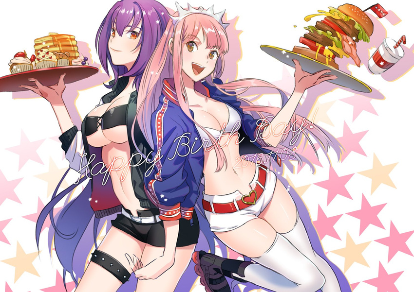 2girls bad_id bad_twitter_id bikini bikini_top_only breasts brown_eyes burger butter cleavage cup cupcake drinking_straw fate/grand_order fate_(series) food happy_birthday hinatsu inline_skates jacket large_breasts medb_(fate) medium_breasts multiple_girls navel pancake pink_hair purple_hair red_eyes roller_skates scathach_(fate) short_shorts shorts skates swimsuit syrup thigh_strap tiara tray underboob