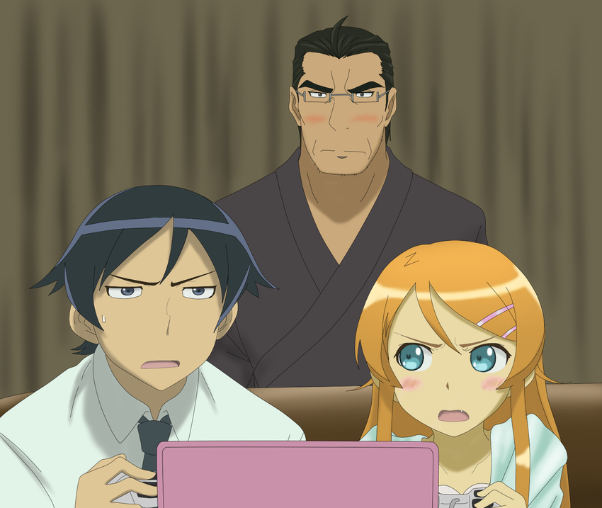 2boys aqua_eyes bi_no_ossan black_eyes black_hair blush commentary_request father_and_daughter father_and_son female glasses hair_ornament hairclip highres kousaka_daisuke kousaka_kirino kousaka_kyousuke long_hair multiple_boys necktie oerba_yun_fang open_mouth orange_hair ore_no_imouto_ga_konna_ni_kawaii_wake_ga_nai short_hair sweat