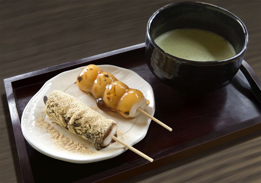 commentary_request cup dango food food_focus green_tea kinako_(food) mitarashi_dango no_humans original photorealistic plate realistic skewer still_life tea toshi_(hokkaido2015) tray wagashi