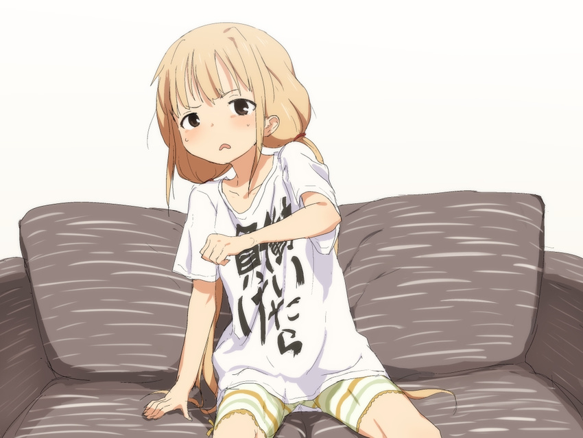 bandai_namco blonde_hair blush collarbone female futaba_anzu idolmaster idolmaster_cinderella_girls lolicon long_twintails looking_at_viewer nannaru_(nananana) open_mouth pants shirt short_sleeves simple_background sitting solo sweat white_background