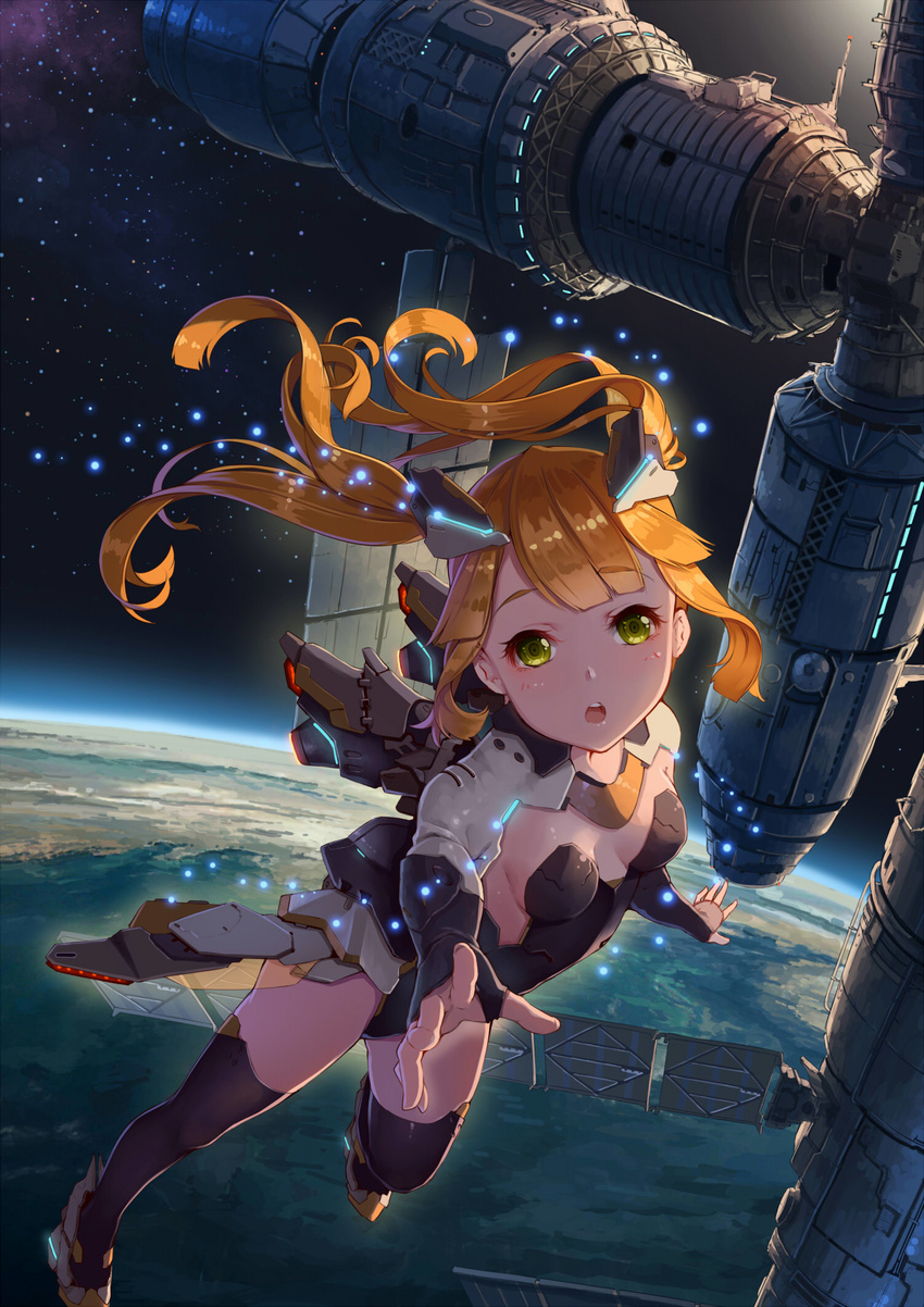 armor armored_boots armored_twintails blonde_hair boots chinese_commentary cloud commentary_request earth_(planet) fangxiang_cuoluan female floating highres landscape light_particles long_hair looking_at_viewer mecha_musume neon_trim open_mouth original planet reaching reaching_towards_viewer satellite science_fiction shiny_clothes sky solo space space_station spacecraft star_(sky) star_(symbol) starry_sky thighhighs thrusters twintails water yellow_eyes