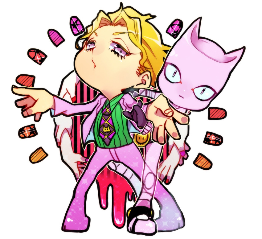 2boys bad_id bad_pixiv_id blonde_hair chibi formal jojo_no_kimyou_na_bouken killer_queen kira_yoshikage multiple_boys muyukikiyoshi11521 necktie stand_(jojo) suit