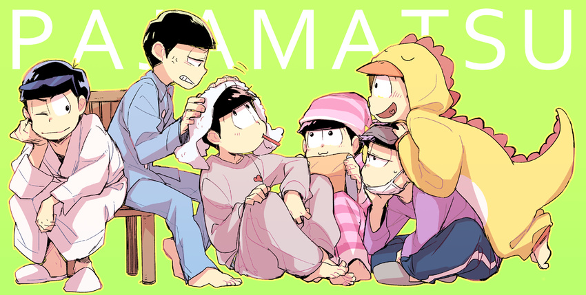 6+boys ;) bad_id bad_twitter_id black_hair bowl_cut brothers chair cosplay green_background hat head_rest indian_style kigurumi male_focus mask matsuno_choromatsu matsuno_ichimatsu matsuno_jyushimatsu matsuno_karamatsu matsuno_osomatsu matsuno_todomatsu messy_hair mouth_mask multiple_boys nightcap one_eye_closed osomatsu-kun osomatsu-san osomatsu_(series) pajamas pillow pun robe sextuplets siblings simple_background sitting sleep_mask slippers smile sunglasses surgical_mask wakaya_hana