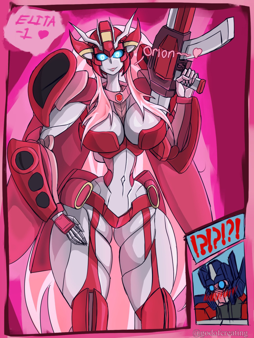 1boy armor autobot blue_eyes blush breasts colored_skin elita_one english_commentary female godofcreating gun helmet highres long_hair machine_gun mecha optimus_prime panties pink_hair pink_panties redesign robot robot_girl science_fiction thick_thighs thighs transformers underwear weapon white_skin