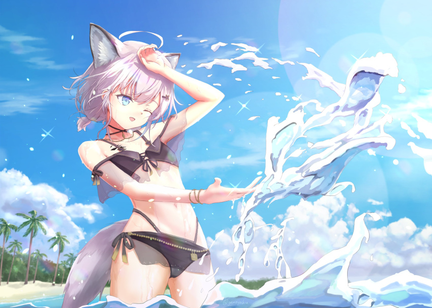 ;d ahoge animal_ear_fluff animal_ears arknights arm_up bare_shoulders beach bikini black_bikini blue_eyes blue_sky cloud commentary_request cowboy_shot day dot_nose extra_ears female fox_ears fox_girl fox_tail genjaku grey_hair hair_ornament hairclip highres lens_flare light_rays material_growth navel ocean off-shoulder_bikini off_shoulder official_alternate_costume one_eye_closed originium_(arknights) oripathy_lesion_(arknights) outdoors palm_tree sand see-through short_hair short_twintails side-tie_bikini_bottom sky smile solo sparkle splashing sunlight sussurro_(arknights) sussurro_(summer_flower)_(arknights) swimsuit tail tree twintails wading water wet