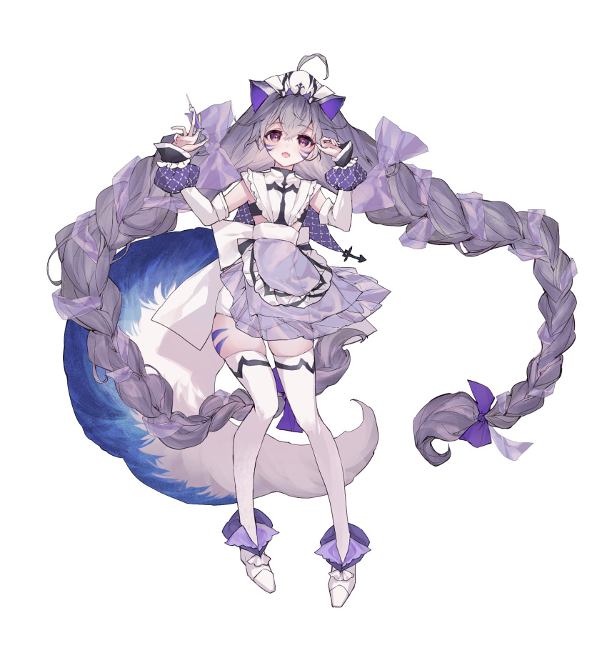 animal_ears apron breasts brown_dust_2 cat_ears dress elbow_gloves female full_body gloves grey_hair hair_ribbon hand_in_own_hair highres ks39410 large_tail long_hair looking_at_viewer open_mouth purple_eyes ribbon rou_(brown_dust) see-through see-through_apron simple_background skindentation small_breasts solo standing tail tattoo thighhighs two-tone_tail very_long_hair white_background white_dress white_footwear white_thighhighs