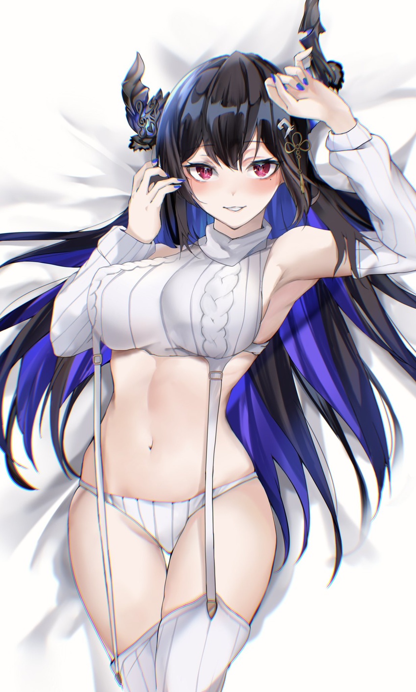 alternate_costume asymmetrical_horns black_hair blue_hair blue_nails blush breasts caicos colored_inner_hair demon_horns detached_sleeves female garter_straps highres hololive hololive_english horns large_breasts looking_at_viewer meme_attire mole mole_under_eye multicolored_hair nail_polish navel nerissa_ravencroft panties sleeveless sleeveless_sweater smile solo sweater thighhighs turtleneck turtleneck_sweater underwear virgin_destroyer_sweater virtual_youtuber white_garter_straps white_panties white_sleeves white_sweater white_thighhighs