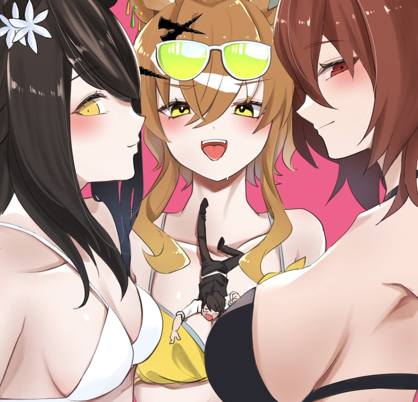 1boy 3girls agnes_tachyon_(lunatic_lab)_(umamusume) agnes_tachyon_(umamusume) animal_ears bare_shoulders bikini black_bikini black_hair black_pants black_vest breasts brown_hair catherine:_full_body catherine_(game) cleavage collarbone commentary_request commission eyewear_on_head flower from_side giant giantess hair_between_eyes hair_flower hair_ornament highres horse_ears horse_girl jam_(umamusume) jungle_pocket_(tobasuze_hot_summer!)_(umamusume) jungle_pocket_(umamusume) long_hair looking_at_viewer manhattan_cafe_(the_bubbles_that_i_see_with_you)_(umamusume) manhattan_cafe_(umamusume) multiple_girls official_alternate_costume pants parody pink_background red_eyes shirt short_hair sideboob sideways_glance simple_background skeb_commission small_breasts swimsuit trainer_(umamusume) umamusume upper_body vest white_bikini white_shirt yellow_bikini yellow_eyes yoino_iyo